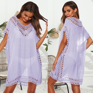 Cross-border solid color V-neck hand hook stitching overalls sexy hollow loose Beach blouse skirt A1965 multi-color spot