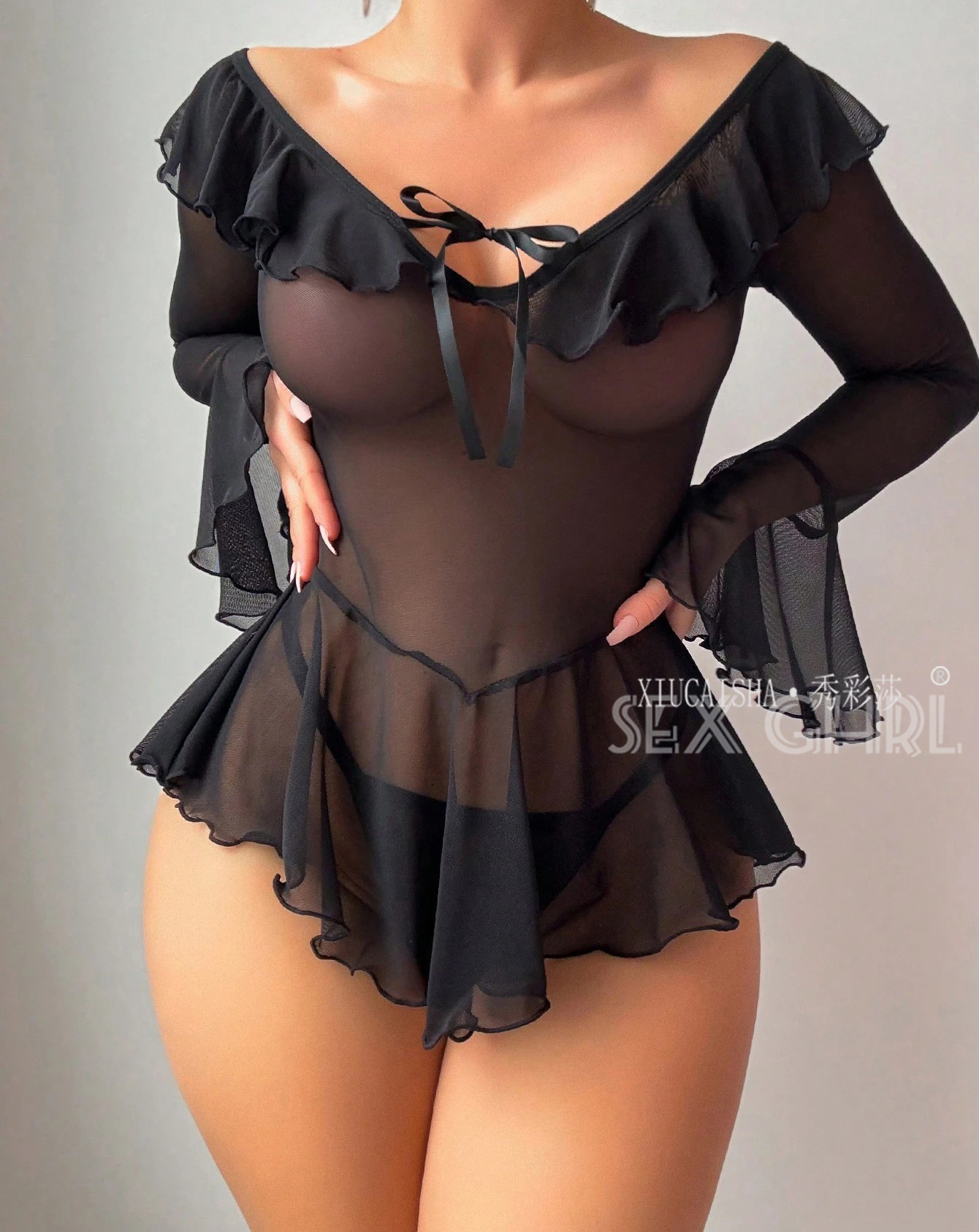 Off-Shoulder Bell-Sleeve Babydoll Lingerie Dress, Pink Mesh, XXL — detail image 15