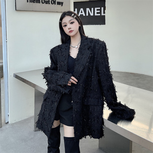 American oversize Suit Jacket Women's Autumn Niche Design Eyelash Tassel Fried Street Loose Suit Top