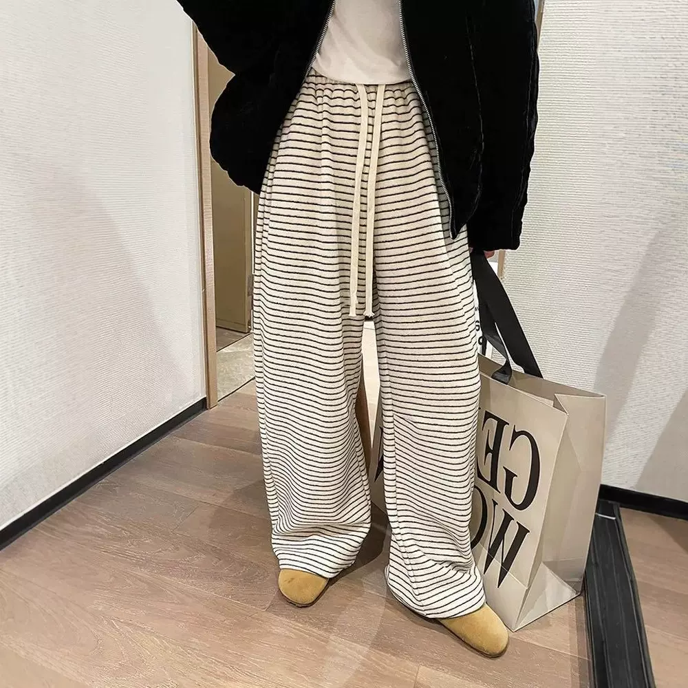 糯米绒条纹严选秋冬阔腿裤女加绒加厚2025新款保暖宽松外穿休闲裤