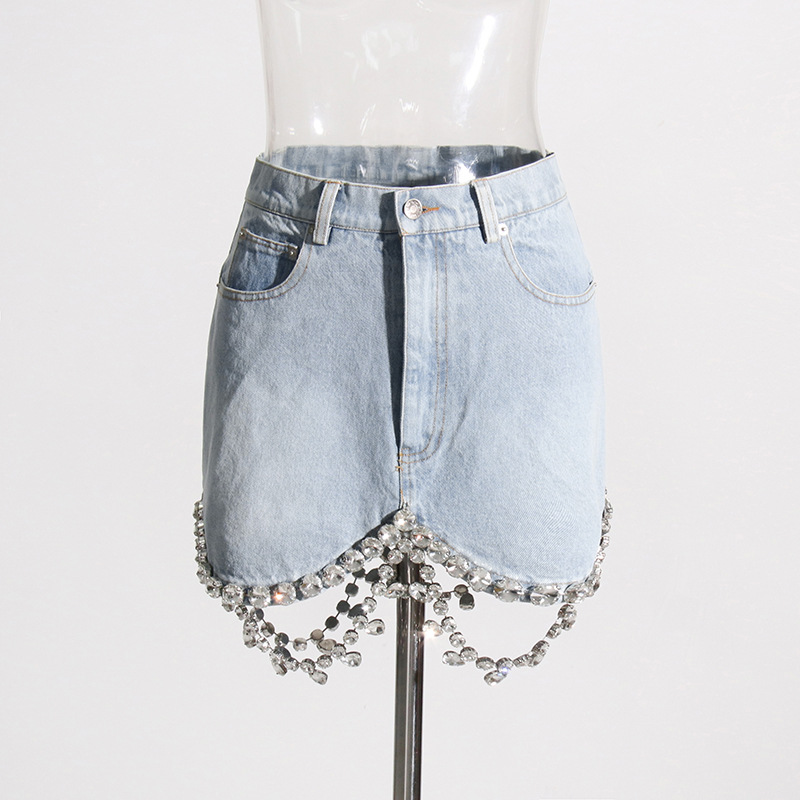 Personality Short Cropped Outfit Slimming Denim Top Hip Wrapped Skirt Diamond Embedded Denim Suit Women