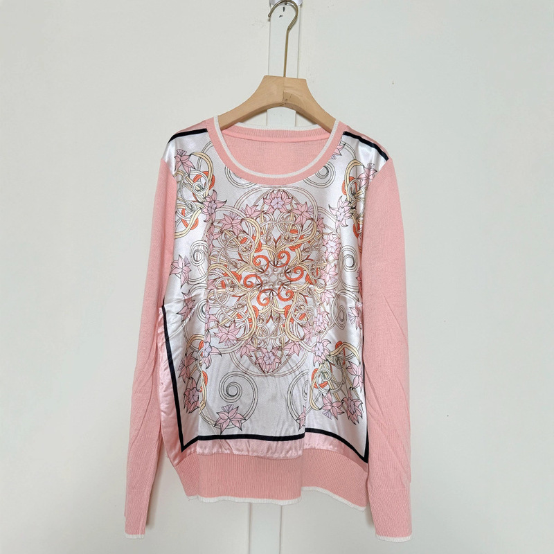 Women's Retro Printed Faux Silk Patchwork Pullover Sweater for Autumn Fashion Versatile Loose Knit Sweater