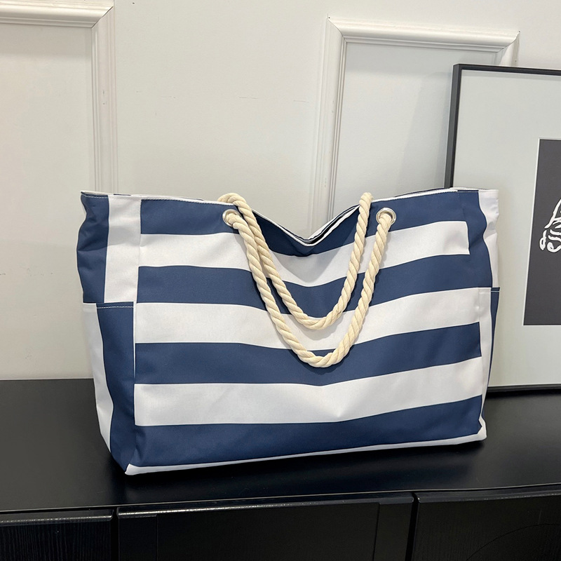 Bolsa Tote de Lona a Rayas de Lona Gran Capacidad con Cierre para Viajes, Compras y Playa image 8