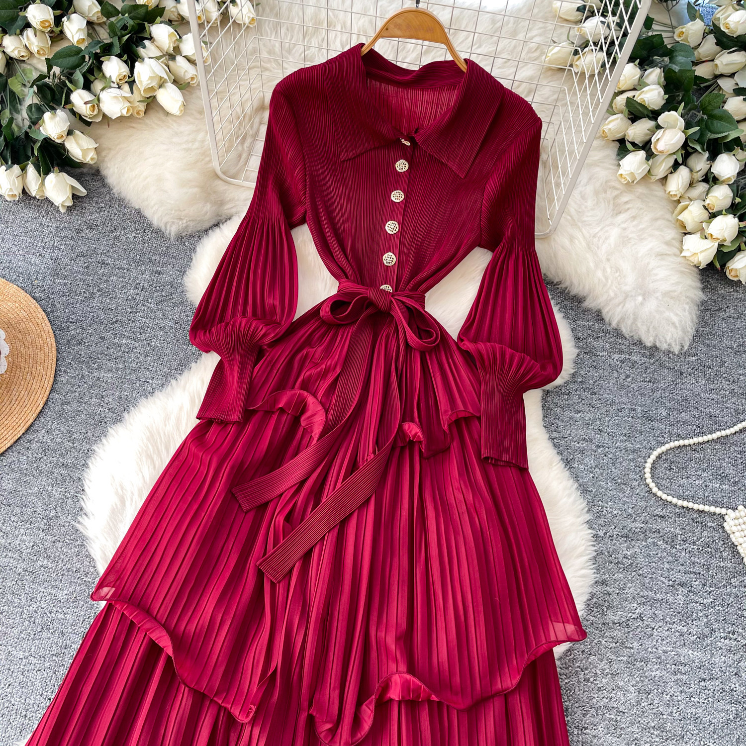 Korean Style Lantern Sleeve Dress, Women's Fitted Waist Tie Ruffle Pleated Cake Skirt, Slimming Long Skirt_ecoleips.com
