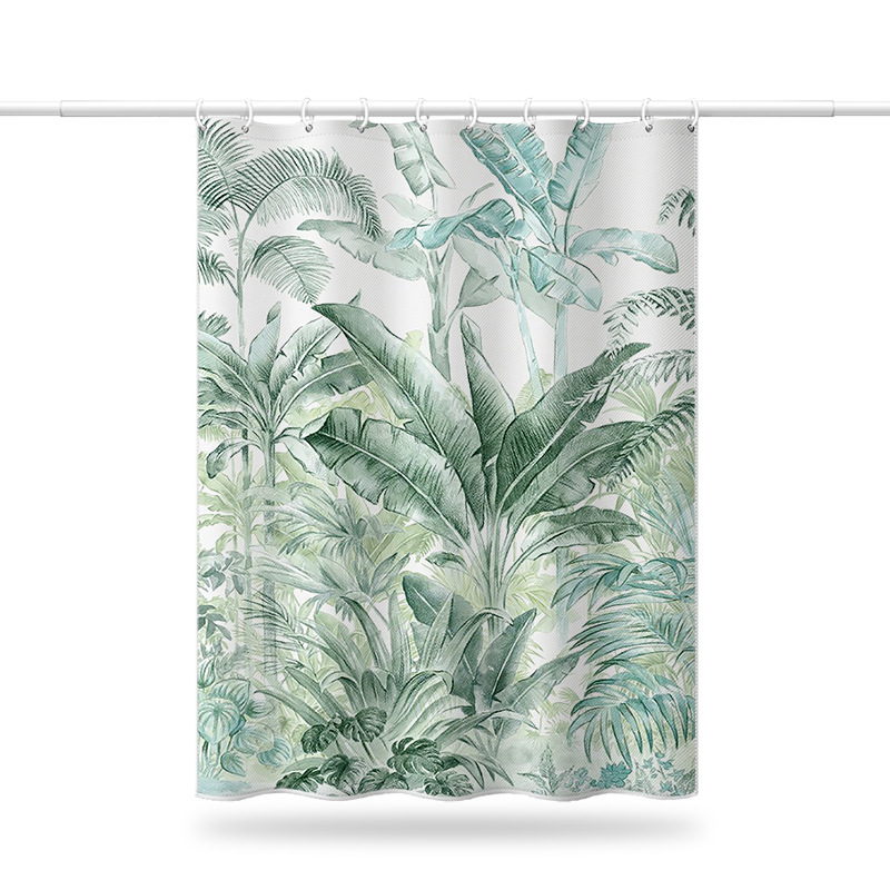 Rideau de douche en polyester imperméable et anti-moisissure, imprimé numérique transfrontalier à motif de feuilles de plantes tropicales hawaïennes, sans perçage._voghion.com