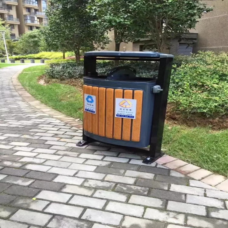 厂家户外钢木垃圾桶双桶防腐塑木环卫分类垃圾箱两分类果皮箱供应