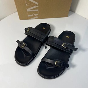Za2024 New Women's Shoes with Buckles, Thick-Soled Flats Slippers, Sandals for Home and Outdoor Wear, Beach Lazy Shoes
