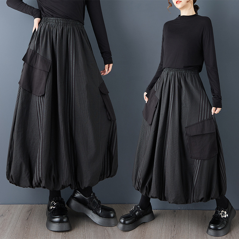 Real Shot of the New Spring and Autumn Style Loose and Slim Dark Striped Three-Dimensional Contrasting Color Pocket Splicing Elastic Waist Versatile Skirt