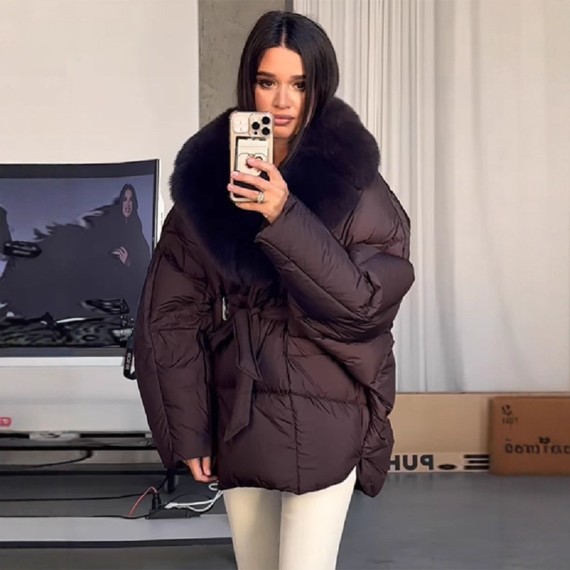 2025 European and American Cross-Border Autumn and Winter New Women's Fashion Winter Clothing Thickened Cotton Coat Long-Sleeved Fur Collar Tie-Up Jacket for Women Winter