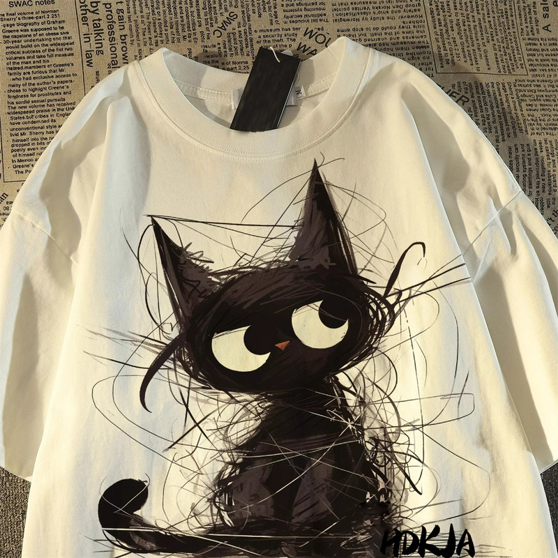 American Style Retro Scribbled Black Cat Printed Short-sleeved T-shirt Women's Summer Pure Cotton Fashion Brand oversize Couple's Top