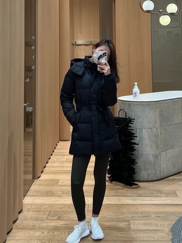 25新款女式腰带中长款连帽羽绒服收腰显瘦美腿羽绒外套大衣|undefined