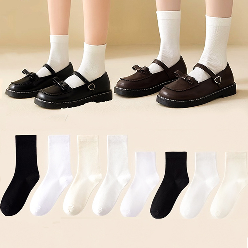 White Socks for Women, Thin Mid-Calf Socks for Spring and Summer, Solid Color Black Jk Loafers Long Socks for Women, Sweat-Absorbent and Non-Slip