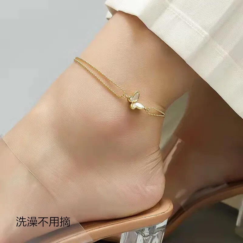 Fashionable and Exquisite Smart Butterfly Titanium Steel Anklet Women's Micro-inlaid White Fritillaria Double-layer Round Bead Ankle Chain All-match Simple Fashionable and Exquisite Smart Butterfly Titanium Steel Anklet Women's Micro-inlaid White Fritillaria Double-layer Round Bead Ankle Chain All-match Simple