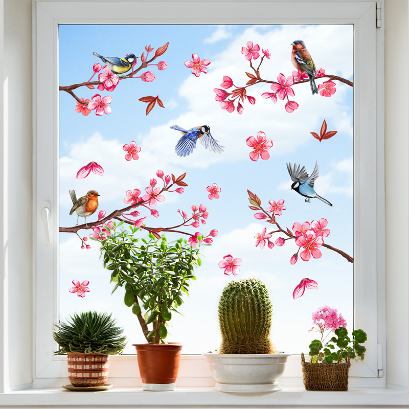 Dj2037 New Style Peach Blossom Branches, Flowers, Birds, Window Stickers, Static Stickers, Home Decoration Wall Stickers, Self-Adhesive Wall Stickers, Pvc