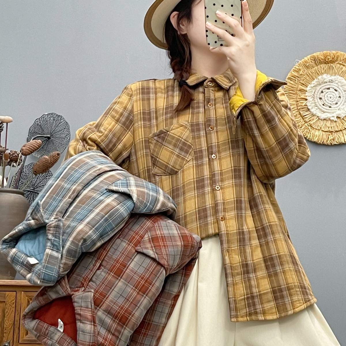 韩版洋气加棉加厚格子开衫衬衫外套 女2025秋冬新款保暖打底上衣