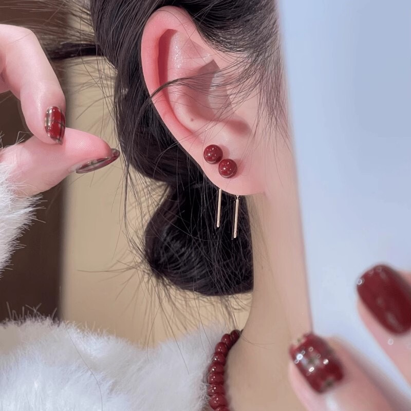 Ancora Red Retro Pearl Tassel Ear Line 2024 New Style Ear Studs Niche High-end Earrings All-match Earrings