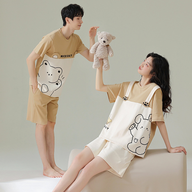 Pijamas de pareja pantalones cortos de manga corta de algodón de verano hombres y mujeres traje de homewear delgado de dibujos animados de oso lindo de algodón