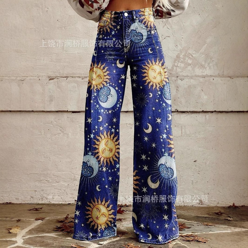 2025 printed five-pointed star imitation denim women's wide leg pants women's trousers flared pants Amazon TEMU hot selling women's pants 2025 printed five-pointed star imitation denim women's wide leg pants women's trousers flared pants Amazon TEMU hot selling women's pants