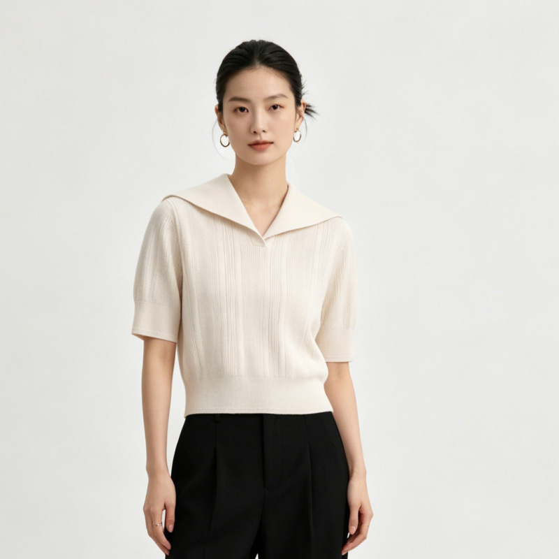 Factory Direct Sale American-Style Ivory White Sailor Collar Short-Sleeve Ribbed Knit Top 2026 Spring New Knit Short Shirt Factory Direct Sale American-Style Ivory White Sailor Collar Short-Sleeve Ribbed Knit Top 2026 Spring New Knit Short Shirt