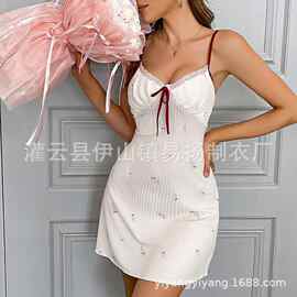 带胸垫性感睡衣女2025新款薄款印花田园风纯欲蕾丝吊带睡裙套装