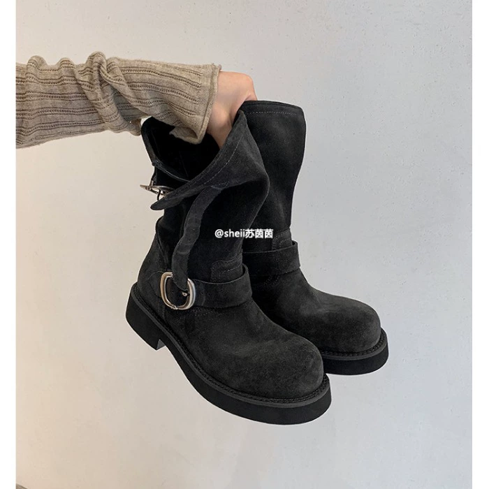 2025 новые ботинки для женщин с коротким голенищем на толстой мягкой и восковой подошве с пряжкой в стиле мотоциклетных ботинок, ботинки с мехом