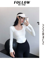 Women's long-sleeved yoga clothing with chest pads, U-neck sports top, shockproof running T-shirt, autumn casual back-exposing fitness wear