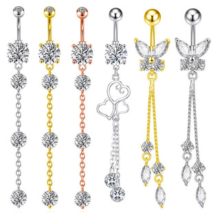 Cross-border new chain long pendant belly button ring copper inlaid zircon butterfly shape umbilical nail stainless steel puncture jewelry
