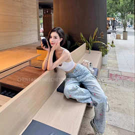 现货2026新款潮流高端女装小香风彩色字母logo高腰直筒时尚牛仔裤