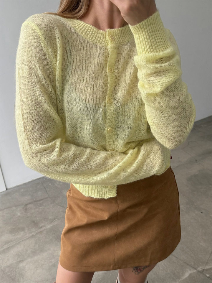 Áo cardigan len nữ dệt kim mỏng cổ tròn dáng rộng phối nút — Vàng nhạt, màu hồng, màu nâu, trắng chi tiết 9
