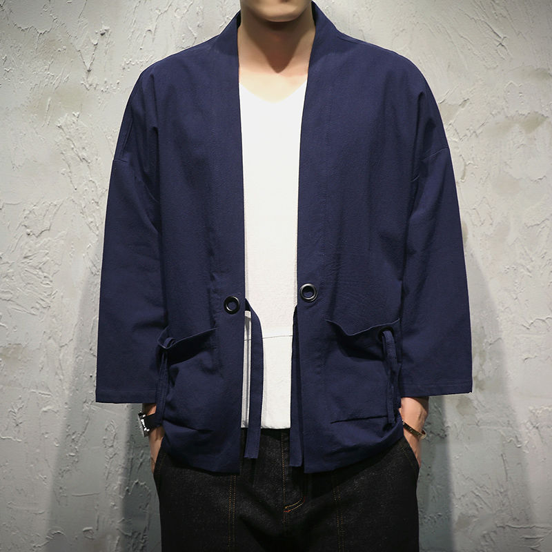 Chaqueta de estilo chino, manga tres cuartos, traje Tang masculino, Hanfu, cárdigan japonés japonés, kimono, lino, pino ancho image 15