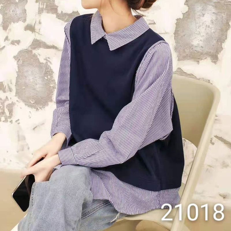 假两件针织拼接条纹衬衫女长袖新品春秋衬衣套头休闲宽松上衣女装|undefined