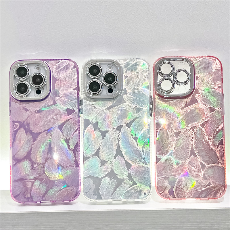 iPhone16proMax羽纱纹手机壳适用14全包镜头膜闪粉13电镀15羽毛纹