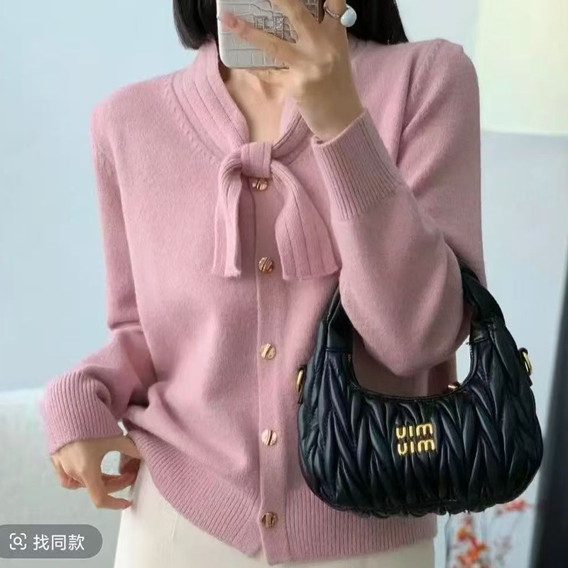 小香风灰色蝴蝶结针织开衫女秋冬2025新款慵懒风毛衣短款气质上衣|undefined