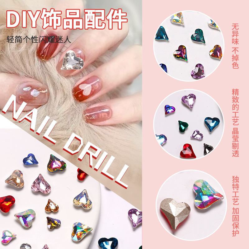 Explosiones japonesas en línea manicuría amor cristal color fantasía perforación de corazón de corazón de corazón gran taladro de cabeza de joyas de braza de la novia