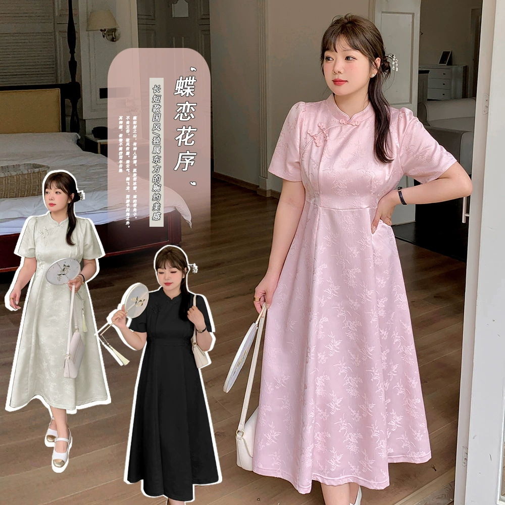 W1079 Xuanchen женский слегка толстый новый китайский улучшенный вариант Guo Wind сплошной цвет длинный короткий жаккардовое платье с высокой талией и воротником