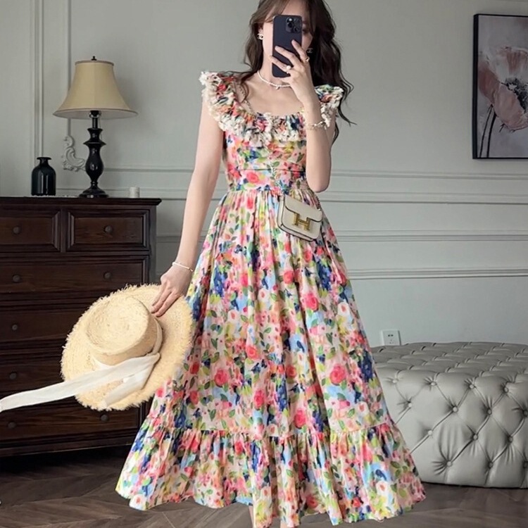 French Style 2025 Summer New Color Floral Sleeveless Shoulder Tea Break Seaside Vacation Designer dress Women