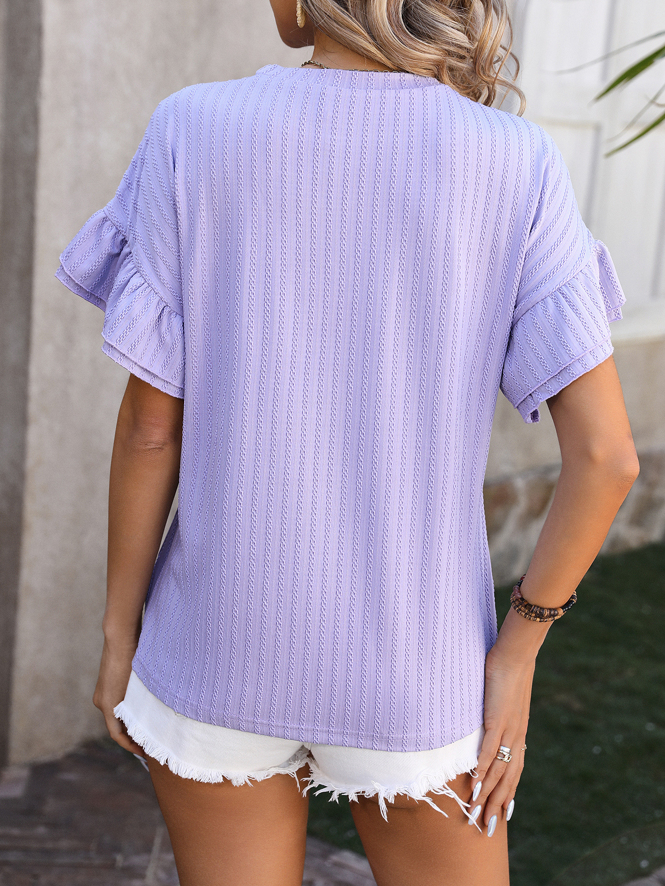 210g Weight Short Sleeve Sleeve Length Pullovers Placket Type Flounce Sleeve Sleeve Type Spandex, Polyester Fabric Type Regular Top Length T-shirt Tops Type Daily Occasion Round Neck Neckline Loose Fit Type Solid Color Pattern Summer, Spring Season Women's Gender Elegant Style Wholesale Women's Elegant Solid Color Short Sleeve T-Shirts 4