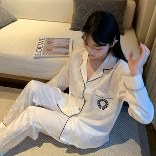 2026新款冰丝情侣睡衣长袖长裤简约印花女大码宽松男家居服可外穿