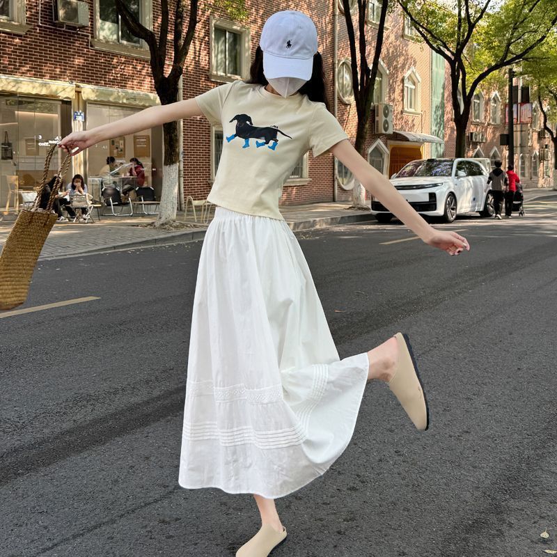 2025春夏百搭松紧腰显瘦韩风气质棉蕾丝拼接大摆半身裙长裙女|undefined