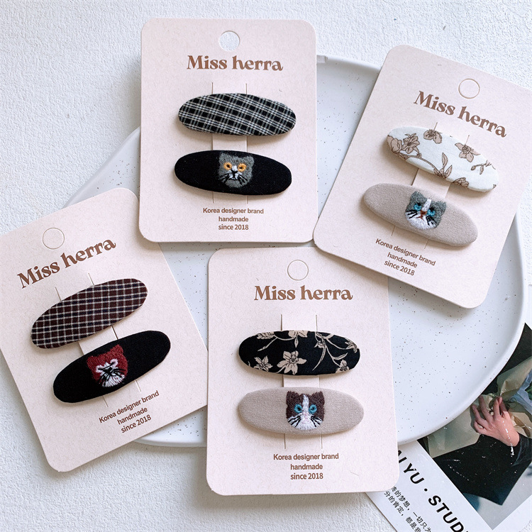 New Children's Printed Cartoon Cute Cat Hair Clip for Girls, Checkered Forehead Clip with Side Fringe, BB Hair Accessory