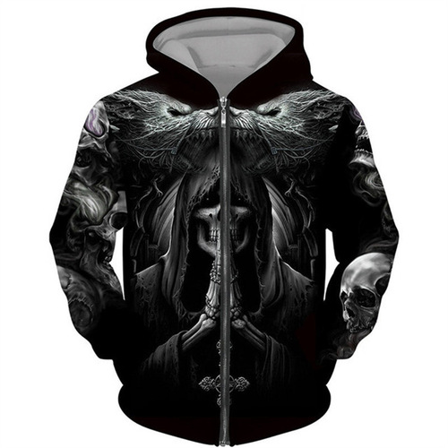 Coolest Skeleton Tattoo 3D Digital Printing Black Hooded Jacket for Men Gothic Zipper Sport Shirt