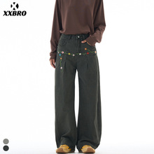 xxbro男装#秋冬新款美式高街潮牌弯刀牛仔裤刺绣花朵阔腿工装裤男
