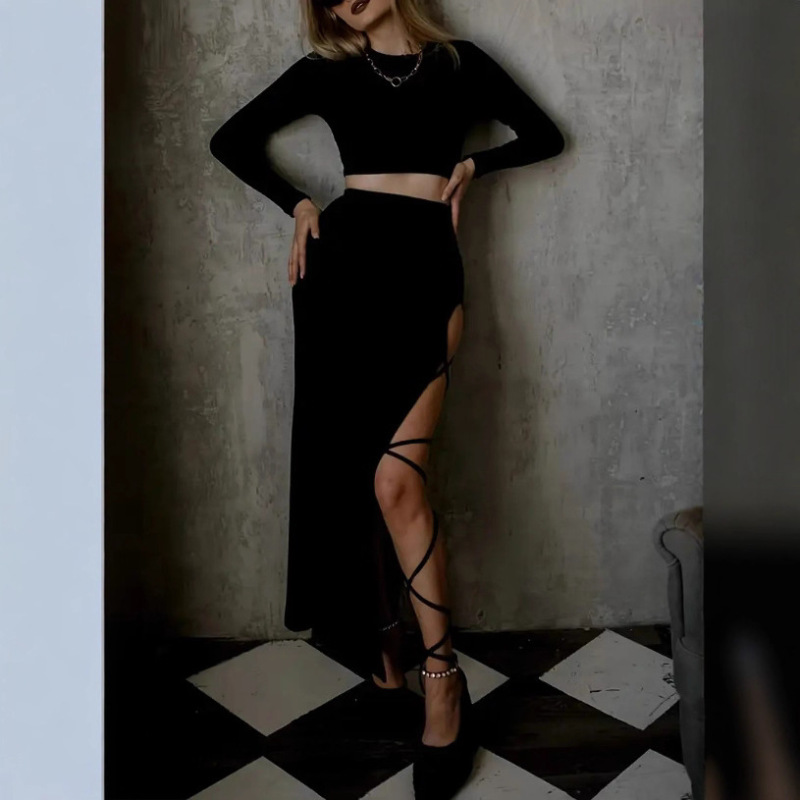 New European and American Export Ladies Sexy Long-Sleeved Short Top and One Side Slit Lace-Up Long Skirt 2-Piece Set New European and American Export Ladies Sexy Long-Sleeved Short Top and One Side Slit Lace-Up Long Skirt 2-Piece Set