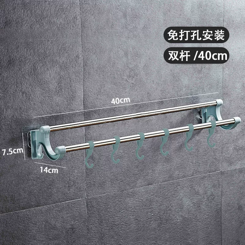 Stainless steel multi-purpose towel rack with hooks, no drilling, various sizes, durable design