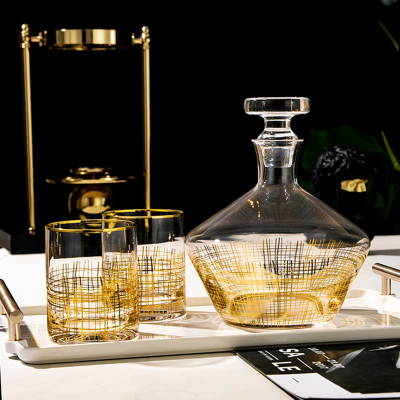[В наличии] Новый стеклянный графин с золотой нитью, модель комнаты, винный шкаф, декоративный винный костюм, бытовой бокал для вина