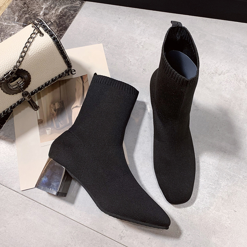 Boots Knitted Elastic Sock Boots Square Toe Strap Heel Short Boots Trendy Boots for Women 2024 Autumn and Winter Thick Heel High Heels