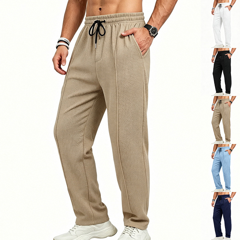 Amazon Cross-Border European and American Loose Casual Men's Waffle Solid Color Breathable Sports Jogging Straight-Leg Casual Pants