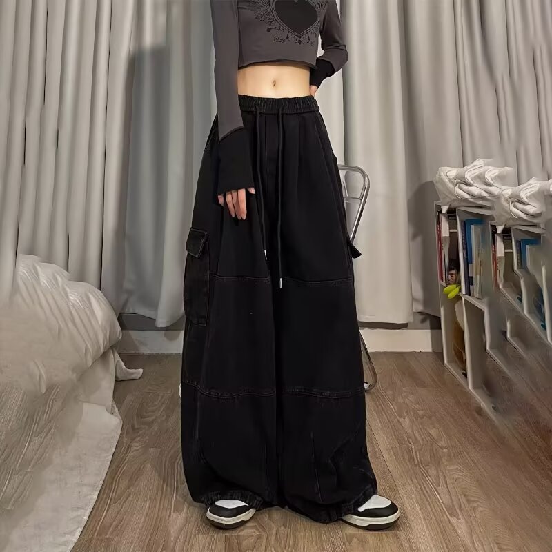 アメリカのレトロなピンクの服装のズボンの女性の春秋のまっすぐな筒のゆったりしている広脚の高い腰はやせているカジュアルなズボンのデニムのズボンの潮を現します。|undefined