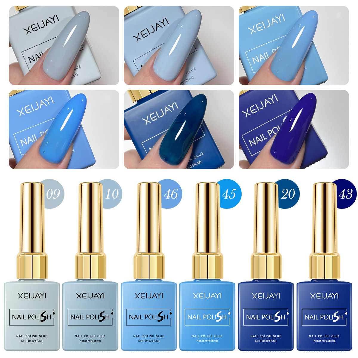 Botella cuadrada de color transfronteriza caliente 6 color azul pequeño conjunto de pegamento de vinilo al por mayor popularidad en línea de color de manicura pegamento de color hermoso