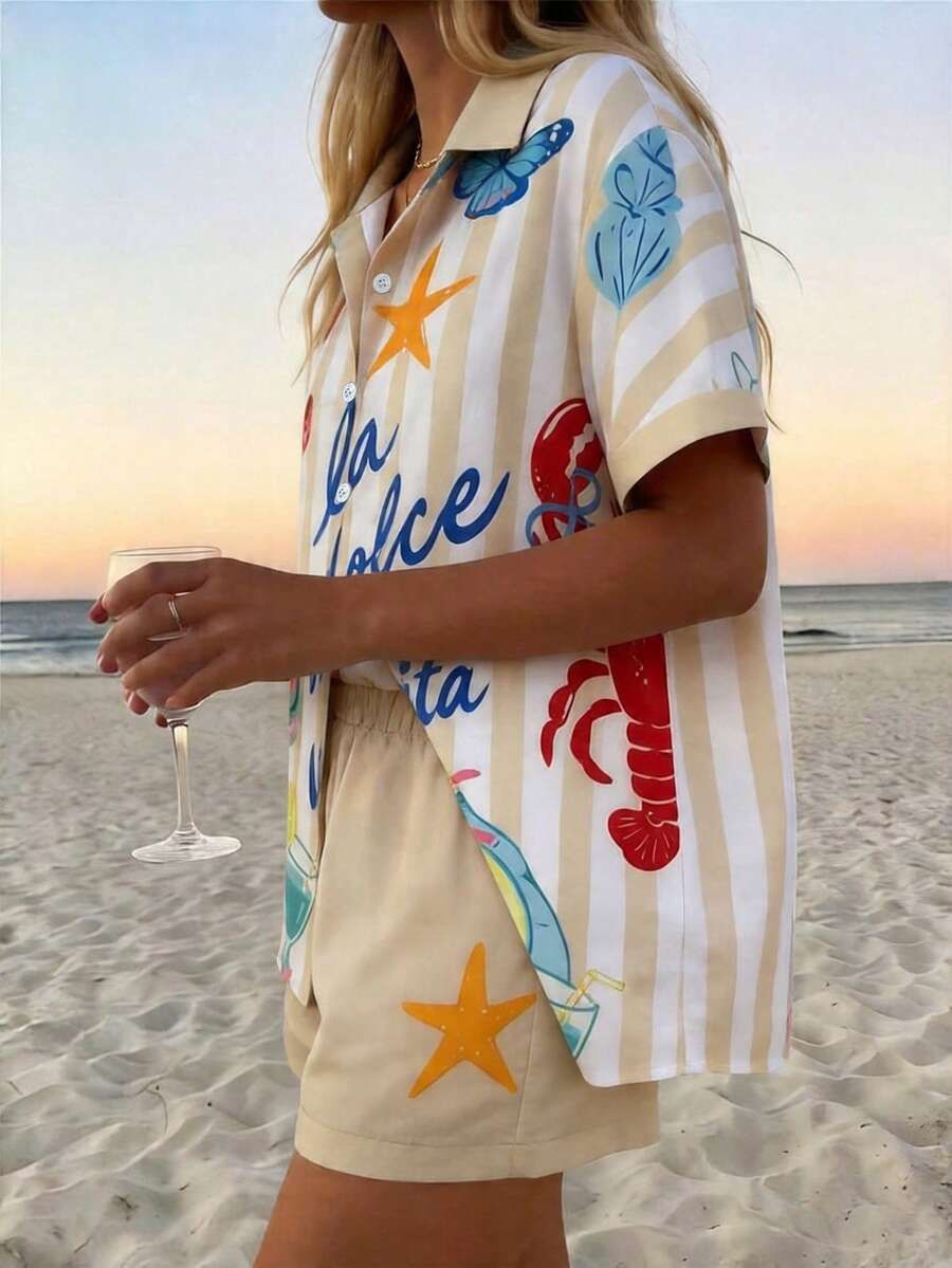 Conjunto de camisa e calções em linho floral para mulher_voghion.com